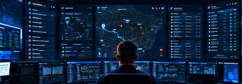 Operador acompanha mapas de rotas e listas de viagens em uma central de monitoramento