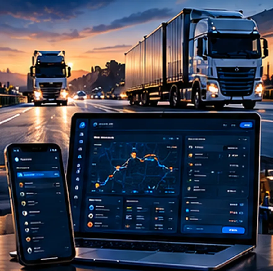 Caminhões na rodovia ao entardecer e painel do TMS FLUXO LOG em notebook e celular