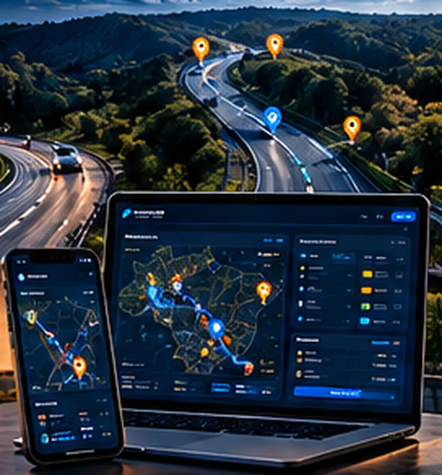 Rodovia sinuosa vista de cima com pontos de parada e painel de roteirização em notebook e celular