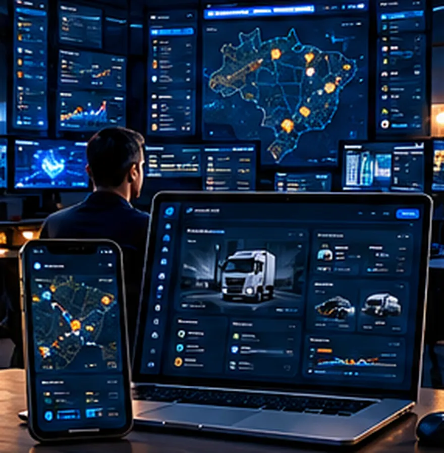 Operador diante de telas com mapa de rotas e painel da Torre de Controle em notebook e celular
