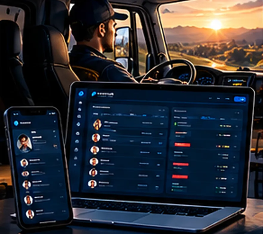 Motorista ao volante ao entardecer e painel de motoristas em notebook e celular