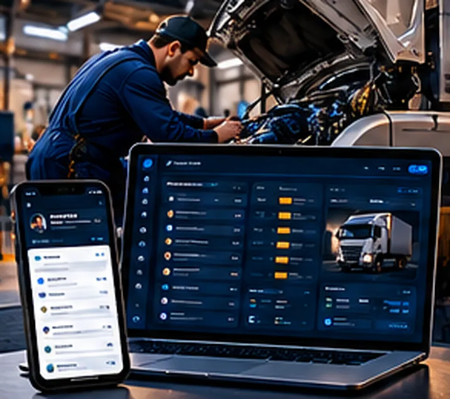 Mecânico trabalhando no motor de um caminhão e painel de manutenção em notebook e celular