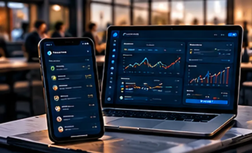Painel financeiro com gráficos em notebook e celular sobre mesa de escritório
