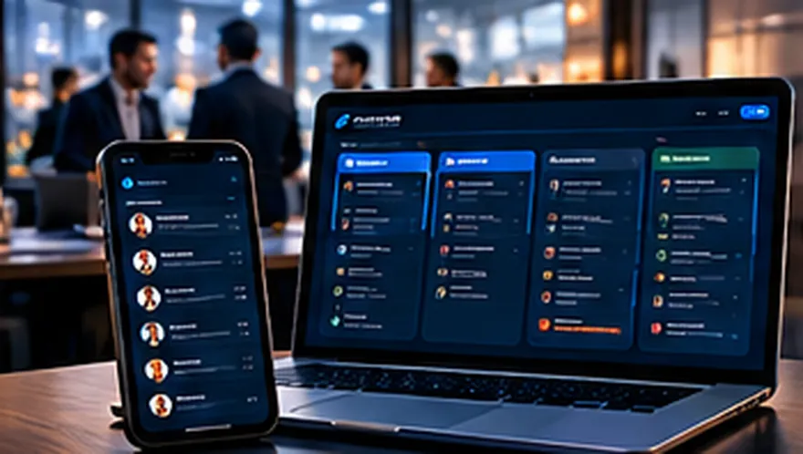 Equipe comercial em reunião e painel de CRM em notebook e celular