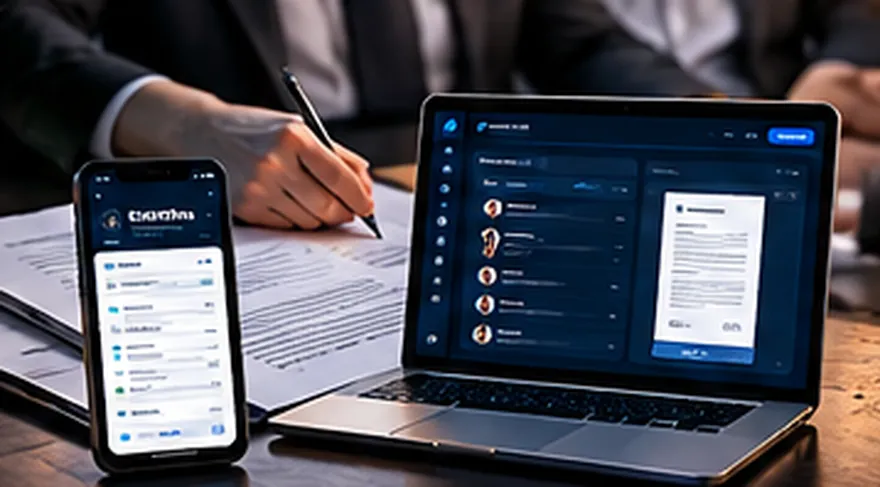 Assinatura de contrato sobre a mesa e painel de contratos em notebook e celular