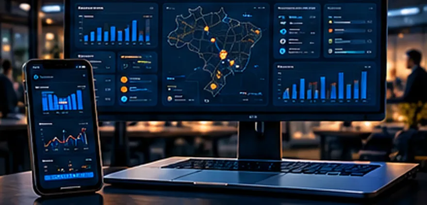 Monitor com painéis de indicadores e mapa e celular com gráficos